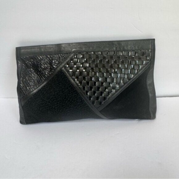 Vintage 80s Intrecciato Leather Suede Woven Large Clutch Bag Zip black Italy Tie - Picture 10 of 16
